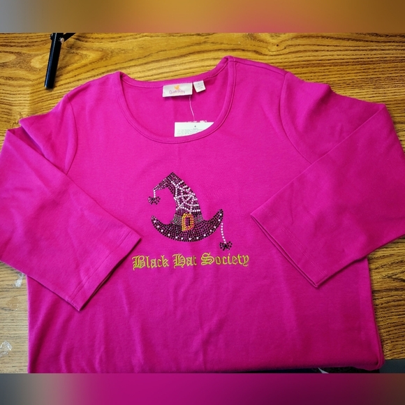 Quacker Factory women's casual blouse, 100% cotton, size L, pink, rhinestone. - Picture 10 of 11